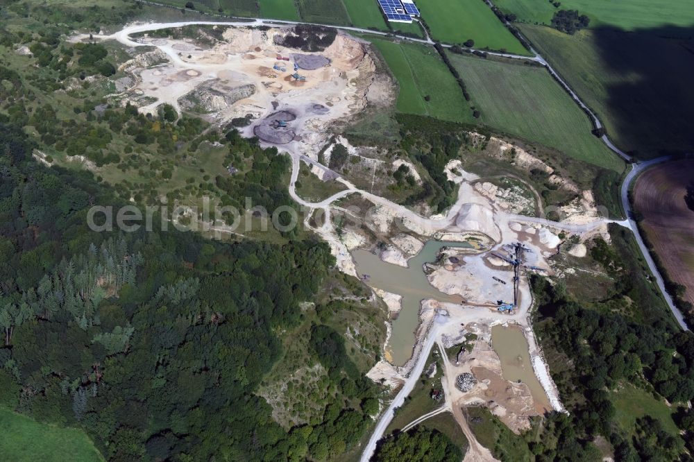 Oeversee from above - Site and tailings area of the gravel mining of the Gonde Clausen Kies- und Betonwerk Oeversee GmbH in Oeversee in the state Schleswig-Holstein