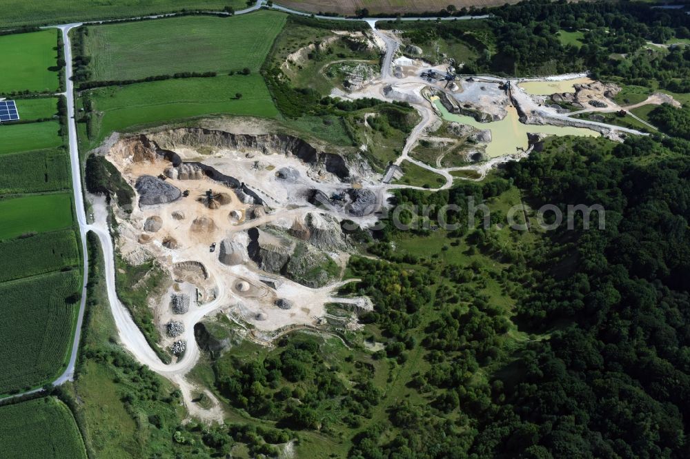 Oeversee from above - Site and tailings area of the gravel mining of the Gonde Clausen Kies- und Betonwerk Oeversee GmbH in Oeversee in the state Schleswig-Holstein