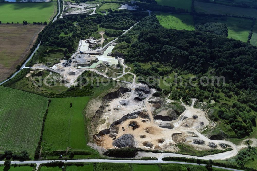 Oeversee from above - Site and tailings area of the gravel mining of the Gonde Clausen Kies- und Betonwerk Oeversee GmbH in Oeversee in the state Schleswig-Holstein