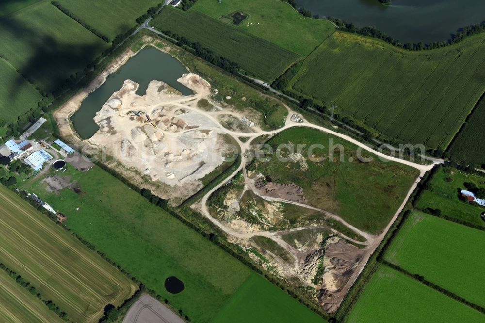 Oeversee from above - Site and tailings area of the gravel mining of the Gonde Clausen Kies- und Betonwerk Oeversee GmbH at the Sankelmarker lake in Oeversee in the state Schleswig-Holstein