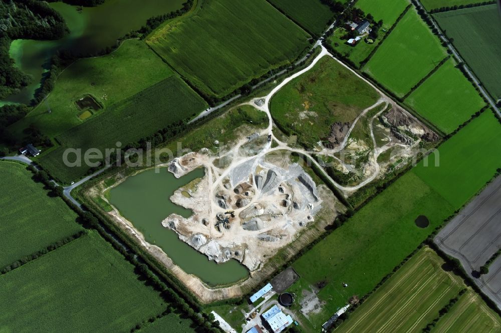 Oeversee from above - Site and tailings area of the gravel mining of the Gonde Clausen Kies- und Betonwerk Oeversee GmbH at the Sankelmarker lake in Oeversee in the state Schleswig-Holstein