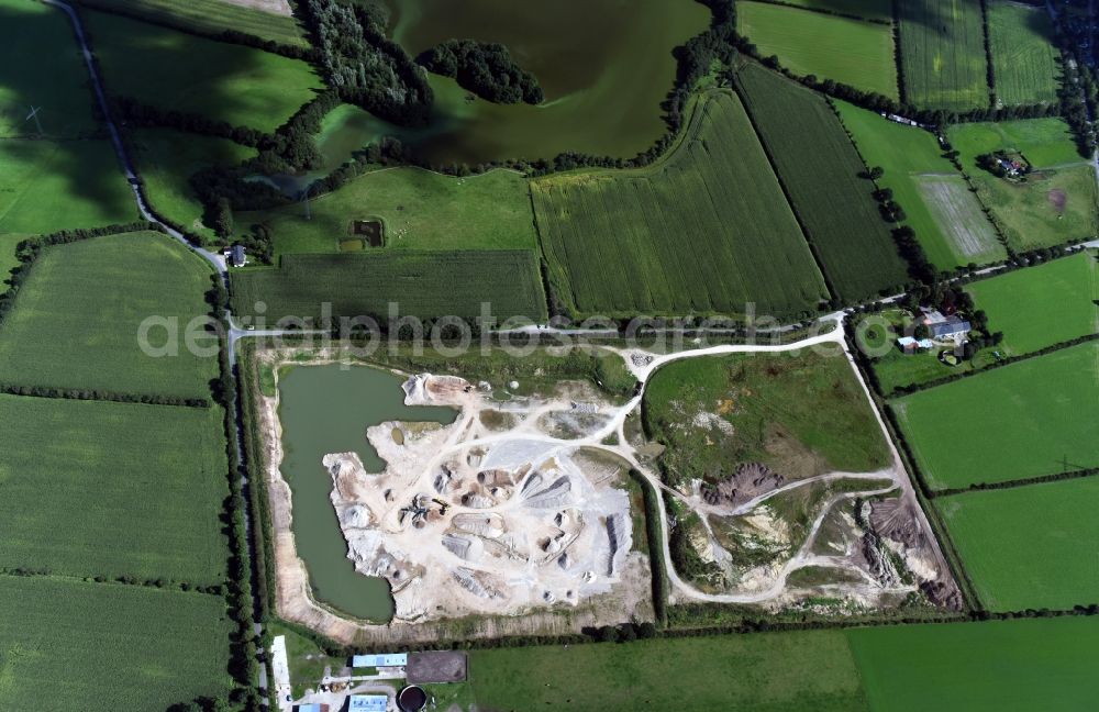 Oeversee from above - Site and tailings area of the gravel mining of the Gonde Clausen Kies- und Betonwerk Oeversee GmbH at the Sankelmarker lake in Oeversee in the state Schleswig-Holstein