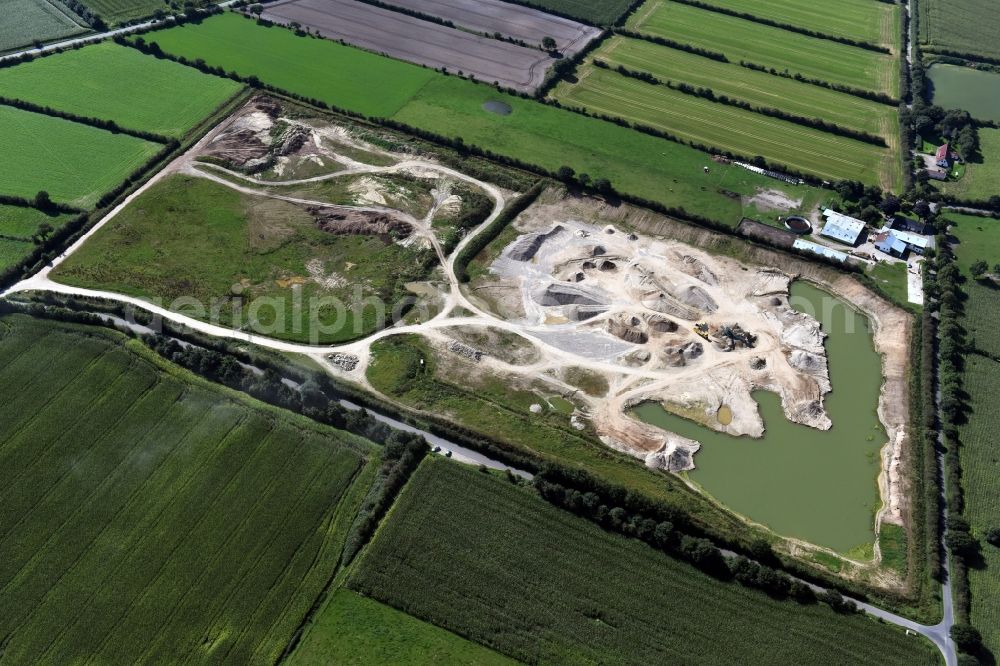 Aerial image Oeversee - Site and tailings area of the gravel mining of the Gonde Clausen Kies- und Betonwerk Oeversee GmbH at the Sankelmarker lake in Oeversee in the state Schleswig-Holstein