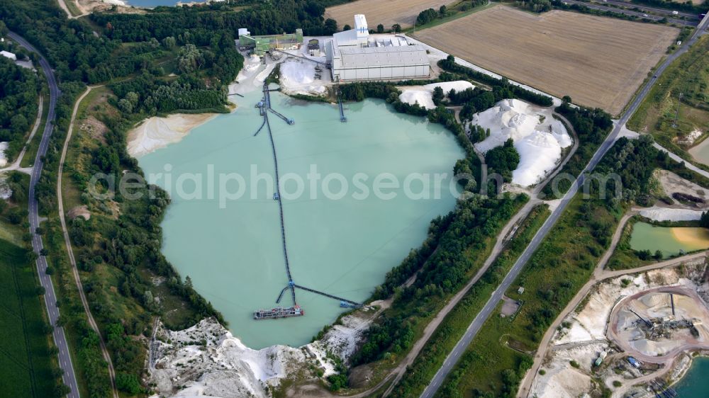 Aerial image Uhry - Site and tailings area of the gravel mining Schlingmeier Quarzsand - factory in Uhry in the state Lower Saxony, Germany