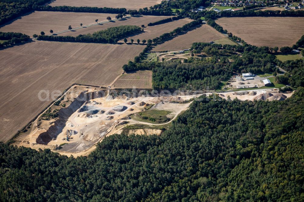 Aerial photograph Vellahn - Site and tailings area of the gravel mining in Vellahn in the state Mecklenburg - Western Pomerania, Germany