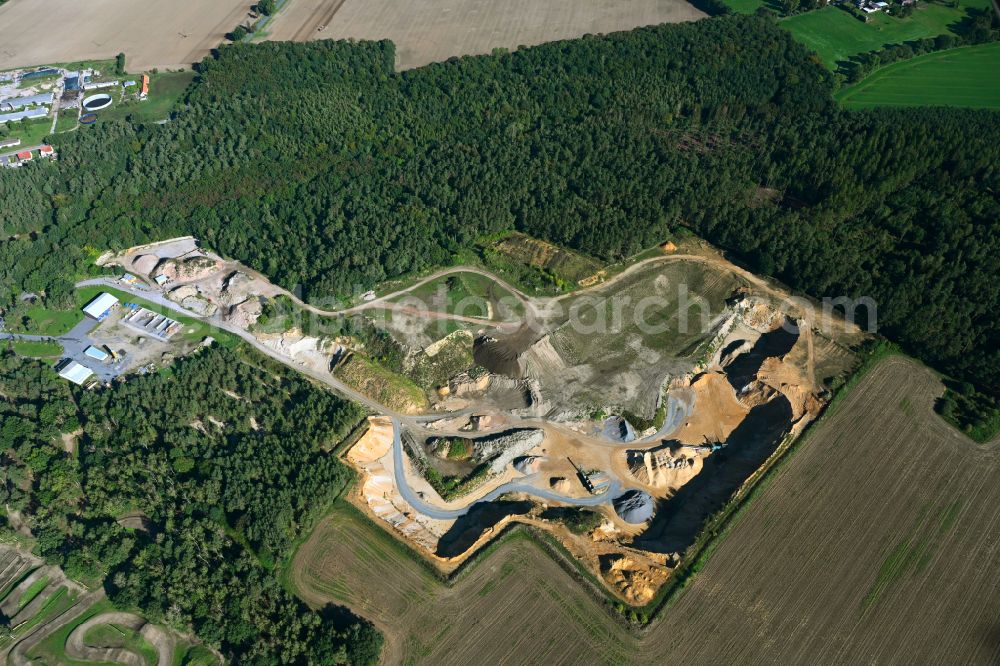 Vellahn from above - Site and tailings area of the gravel mining in Vellahn in the state Mecklenburg - Western Pomerania, Germany