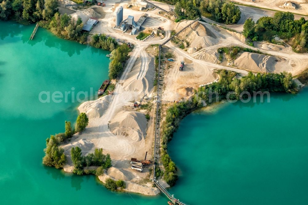 Kenzingen from above - Site and tailings area of the gravel mining of VOGEL-BAU GmbH in Kenzingen in the state Baden-Wurttemberg, Germany