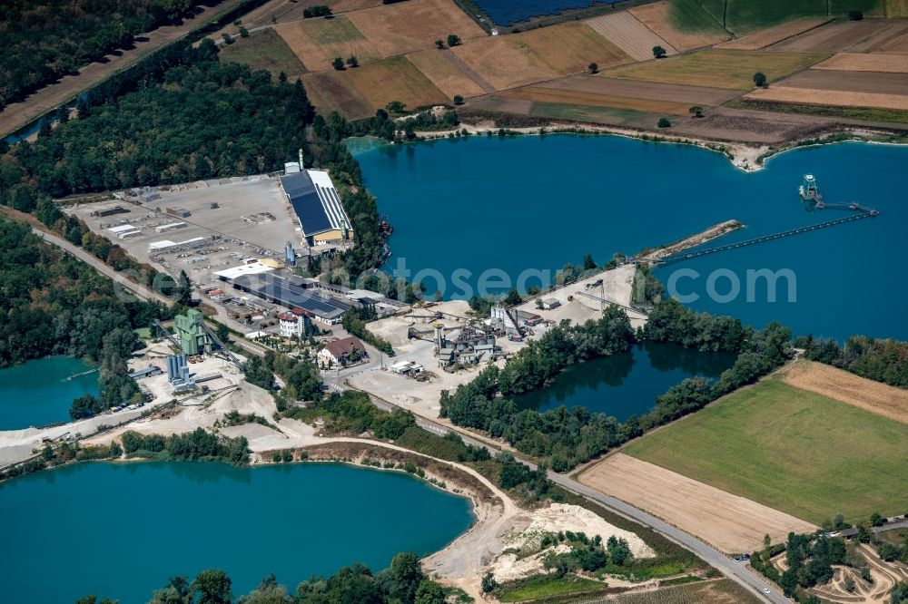 Kenzingen from above - Site and tailings area of the gravel mining in Kenzingen in the state Baden-Wurttemberg, Germany