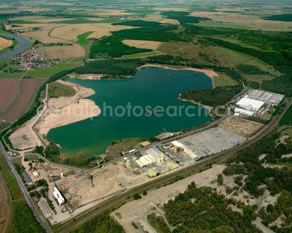 Zeithain from above - Site and tailings area of the gravel mining on street am See in Zeithain in the state Saxony, Germany