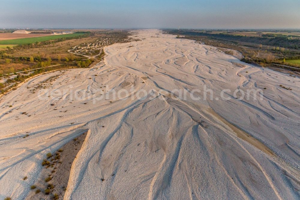 Vajont from the bird's eye view: Shore areas exposed by low-water level riverbed of Tagliamento in Vajont in Friuli-Venezia Giulia, Italy