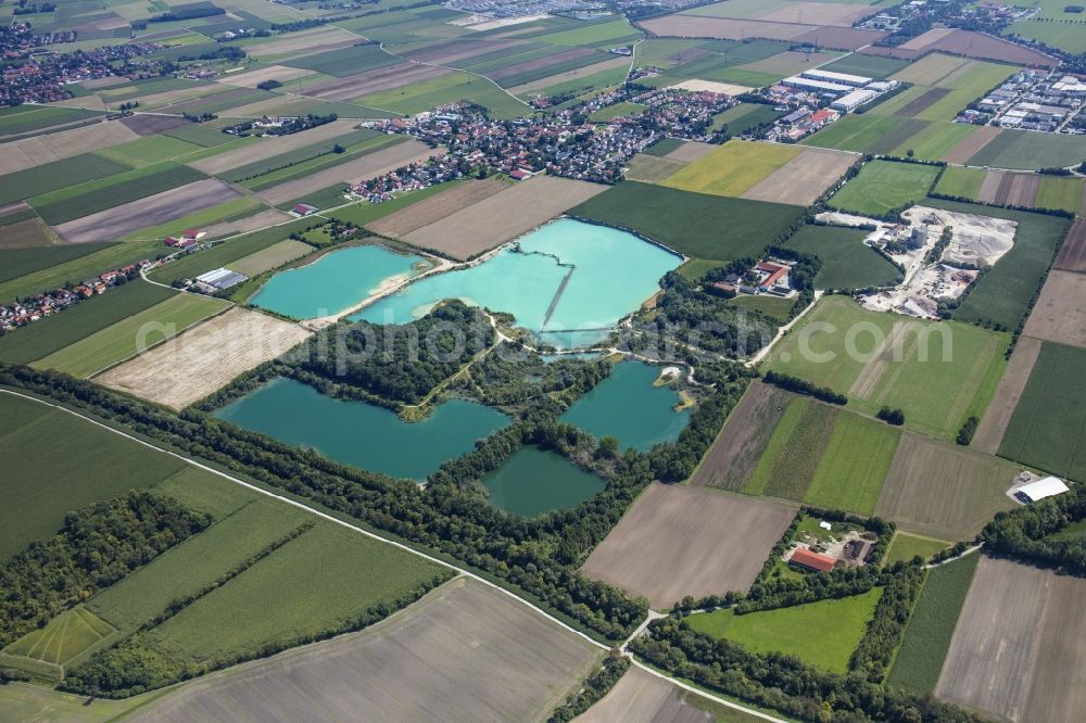 Pliening from above - Site and tailings area of the gravel mining in Pliening in the state Bavaria, Germany