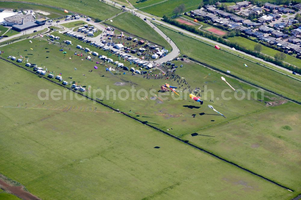 Dornum from above - Grounds and participation in the children's and family festival - folk festival Drachenfest Dornumersiel in Dornum in the state Lower Saxony, Germany