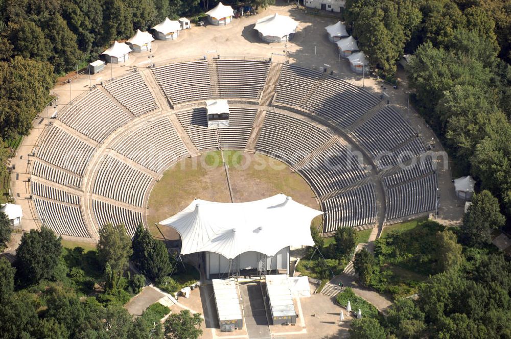 Aerial photograph Berlin - Blick auf die Kindl-Bühne Wuhlheide (ehem. Parkbühne) An der Wuhlheide 187 in Berlin-Köpenick Telefon: 030 - 530 79 530 ,Betriebsbüro Parkbühne Wuhlheide GmbH Postfach 100240, 10562 Berlin,Tel: 030 - 85 75 810 ,Fax: 030 - 85 75 81 22 ,eMail: info@wuhlheide.de