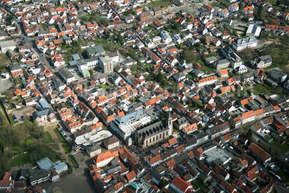 Aerial image Dieburg - Church in Old Town- center of downtown in Dieburg in the state Hesse