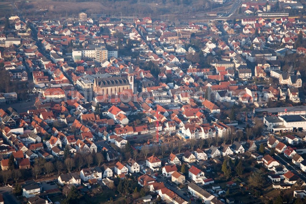 Aerial image Dieburg - Church in Old Town- center of downtown in Dieburg in the state Hesse