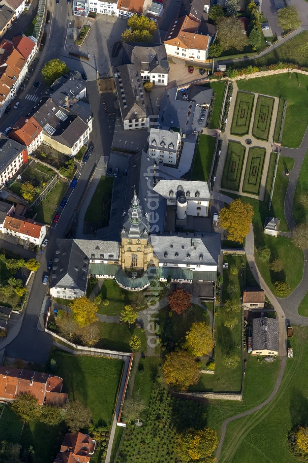 Tholey from the bird's eye view: Church and Benedictine Tholey in Saarland