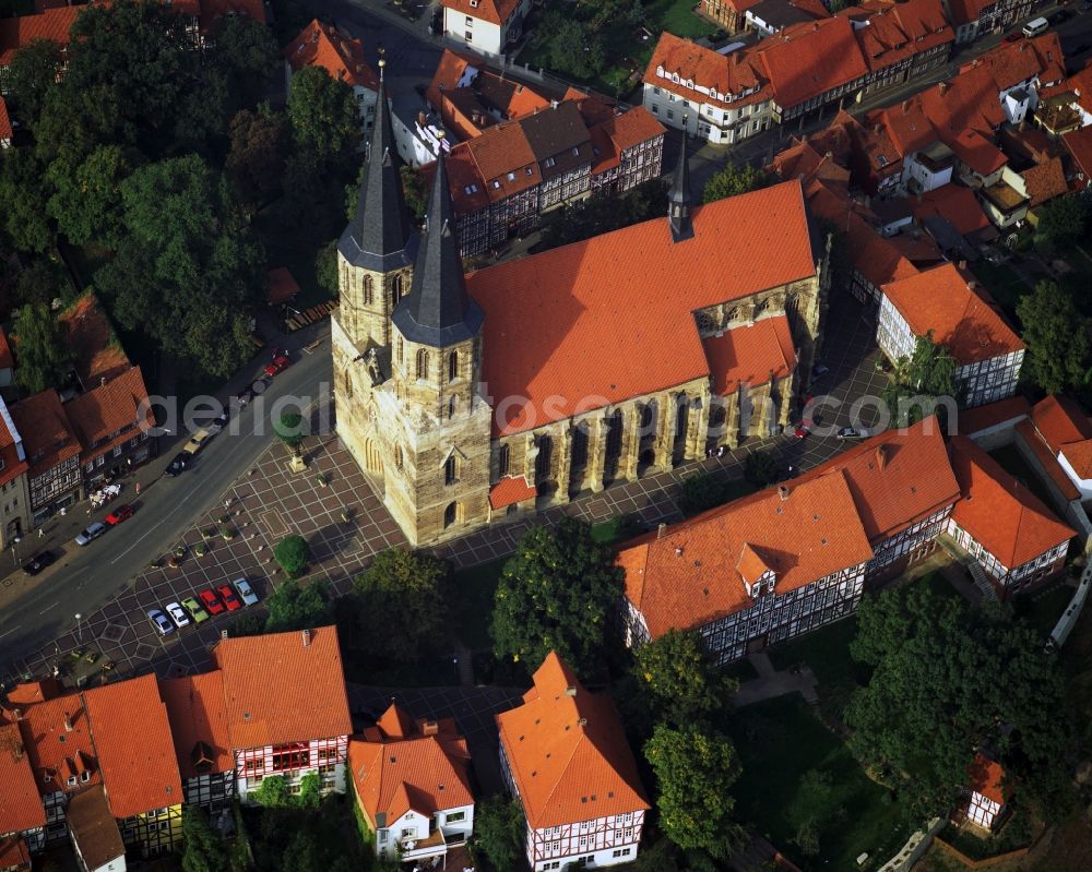 Aerial photograph Duderstadt - The Roman Catholic Parish Church of St. Cyriac's Church in Duderstadt, the main and sub Eichsfelds. In the city it is also the upper church, known in the region Eichsfelder Cathedral