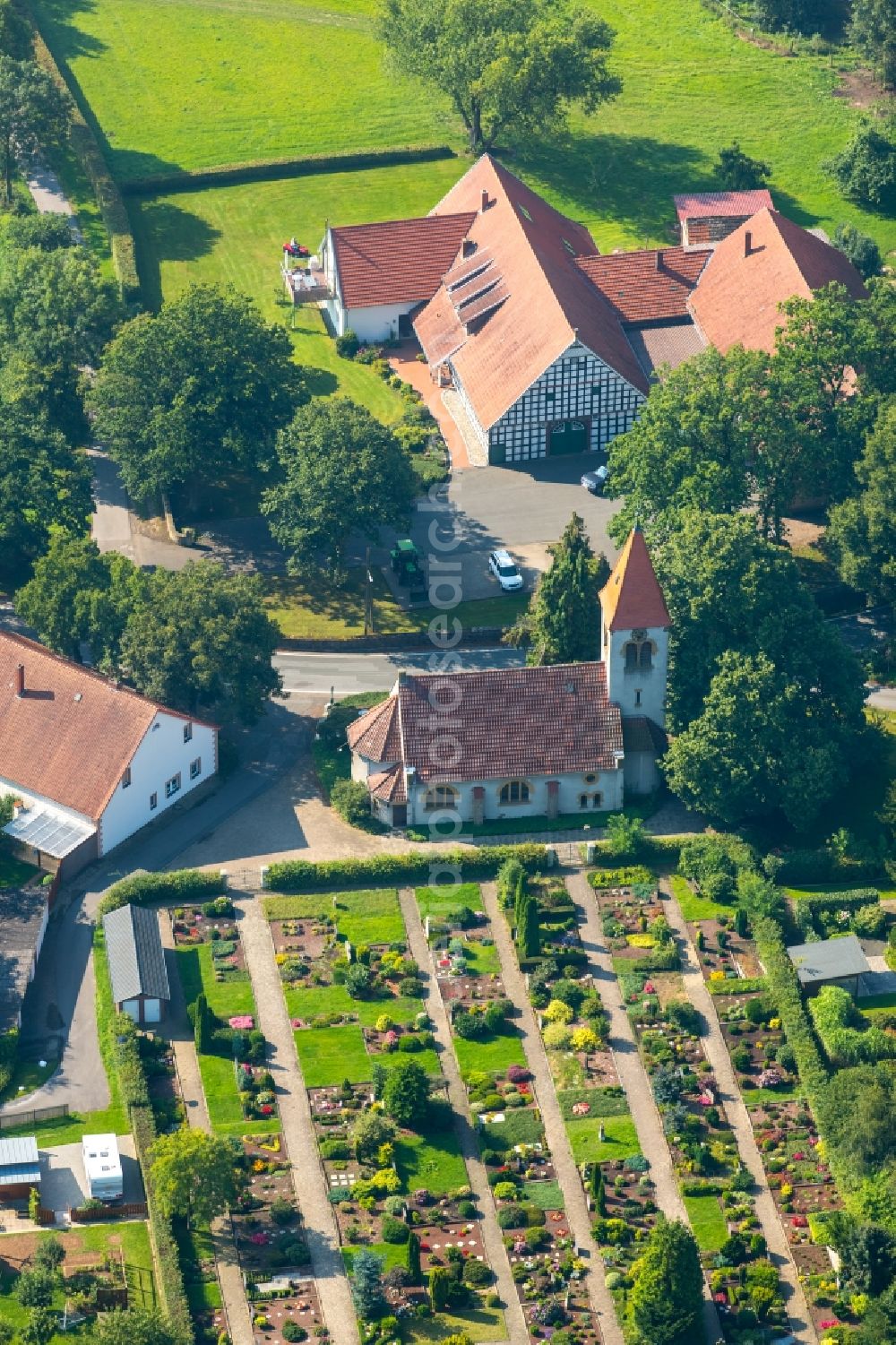 Bieren from above - Church and grave rows on the grounds of the cemetery in Bieren in the state North Rhine-Westphalia