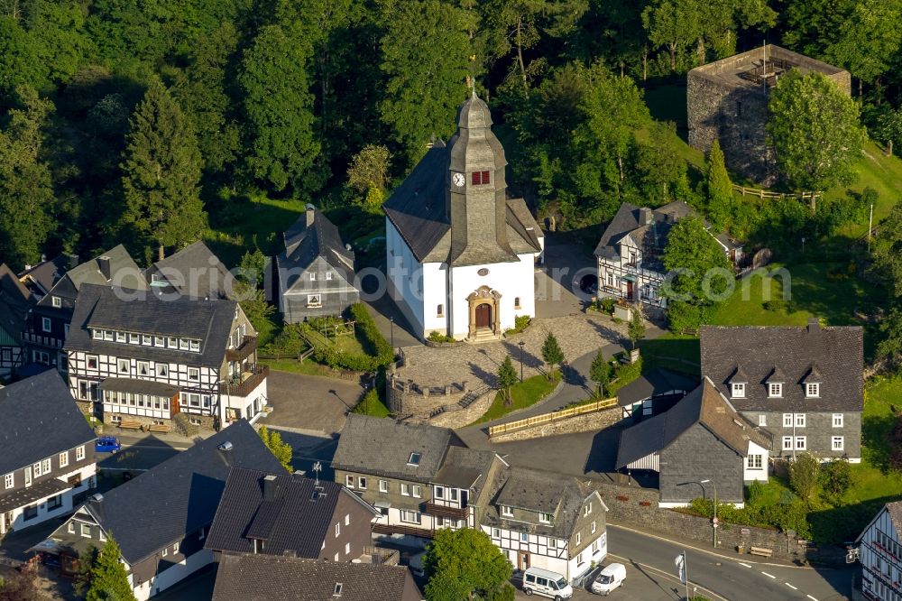 Aerial image Schmallenberg OT Nordenau - View of the church Sankt Hubertus in the district of Nordenau in Schmallenberg in the state North Rhine-Westphalia