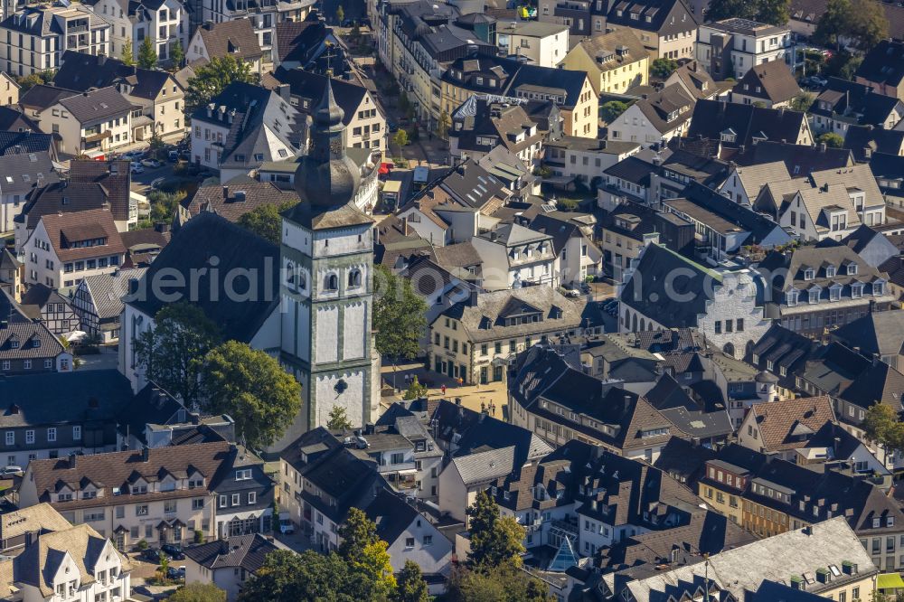 Attendorn from above - Church building St. Johannes Baptist Am Kirchplatz in Attendorn in the state North Rhine-Westphalia, Germany