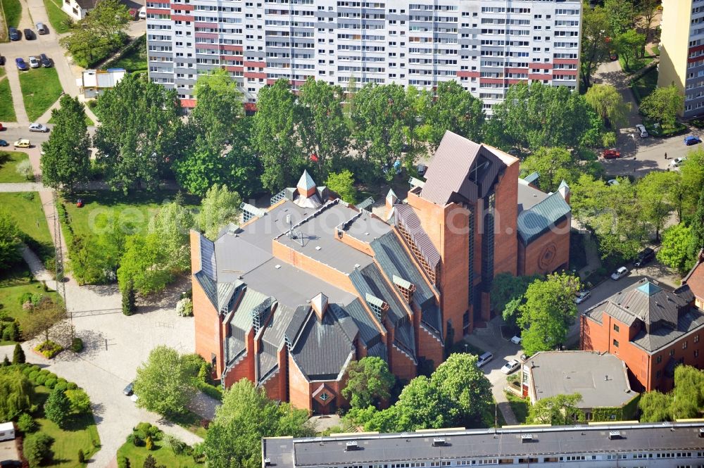 Aerial image WROCLAW - BRESLAU - Church Our Lady Queen of Peace in Popowice, in Wroclaw in the Voivodship Lower Silesia in Poland