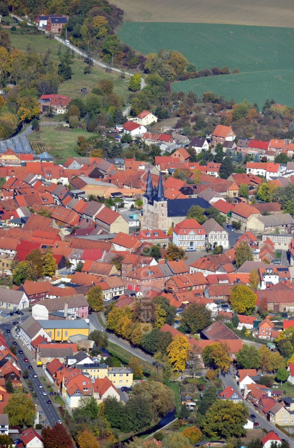 Halberstadt from the bird's eye view: View of the church St. Martini in the old city of Halberstadt in the state Saxony-Anhalt. The St. Martini is a church in gothic architecture