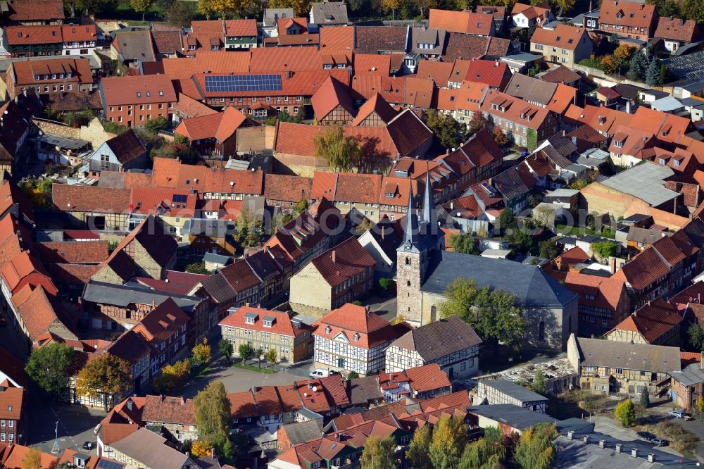 Aerial image Halberstadt - View of the church St. Martini in the old city of Halberstadt in the state Saxony-Anhalt. The St. Martini is a church in gothic architecture