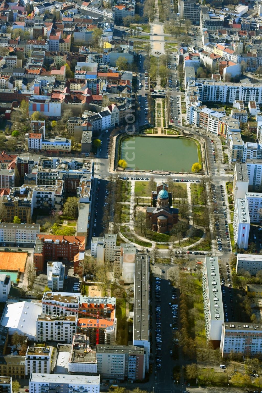 Berlin from above - Church building of the St. Michael Church at Michaelkirchplatz and park Engelbecken in the district Kreuzberg in Berlin, Germany