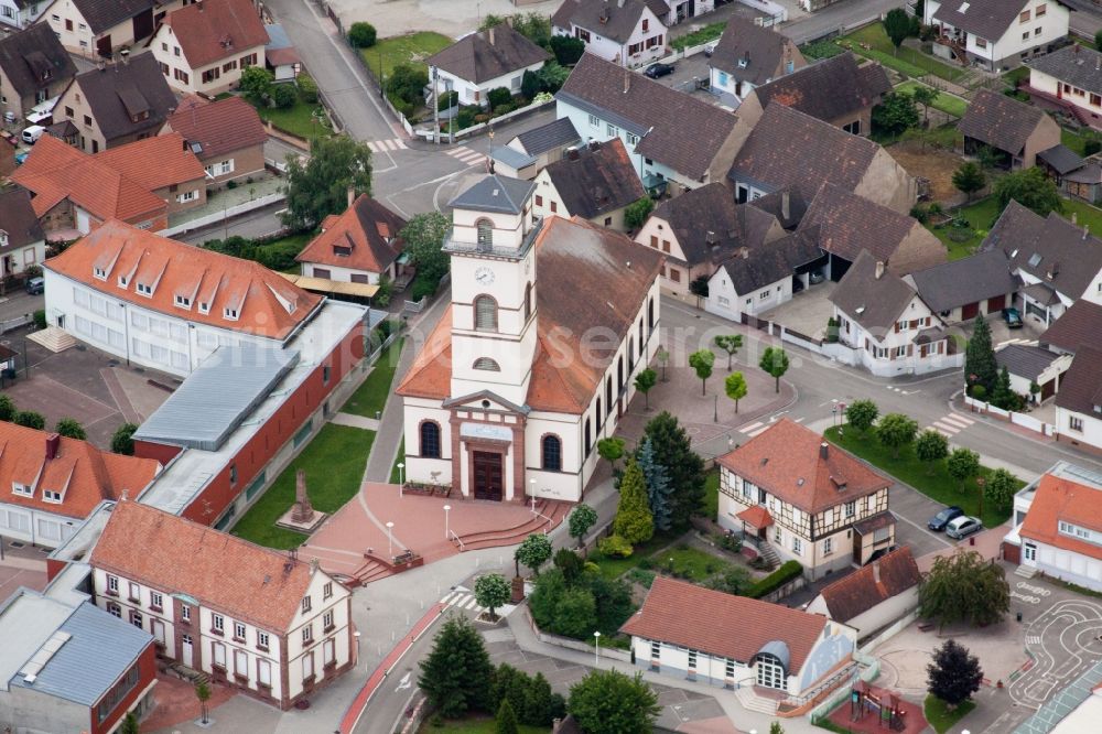 Drusenheim from the bird's eye view: Church building in the village of Drusenheim in Grand Est, France