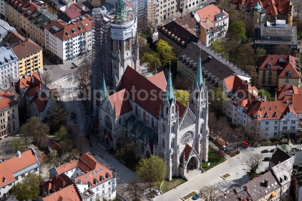 München from the bird's eye view: Church building St. Paul on St.-Pauls-Platz in the district Ludwigsvorstadt-Isarvorstadt in Munich in the state Bavaria, Germany