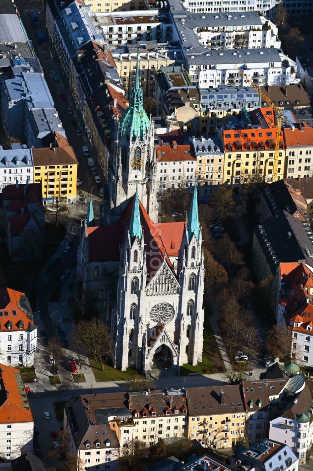 Aerial photograph München - Church building St. Paul on St.-Pauls-Platz in the district Ludwigsvorstadt-Isarvorstadt in Munich in the state Bavaria, Germany