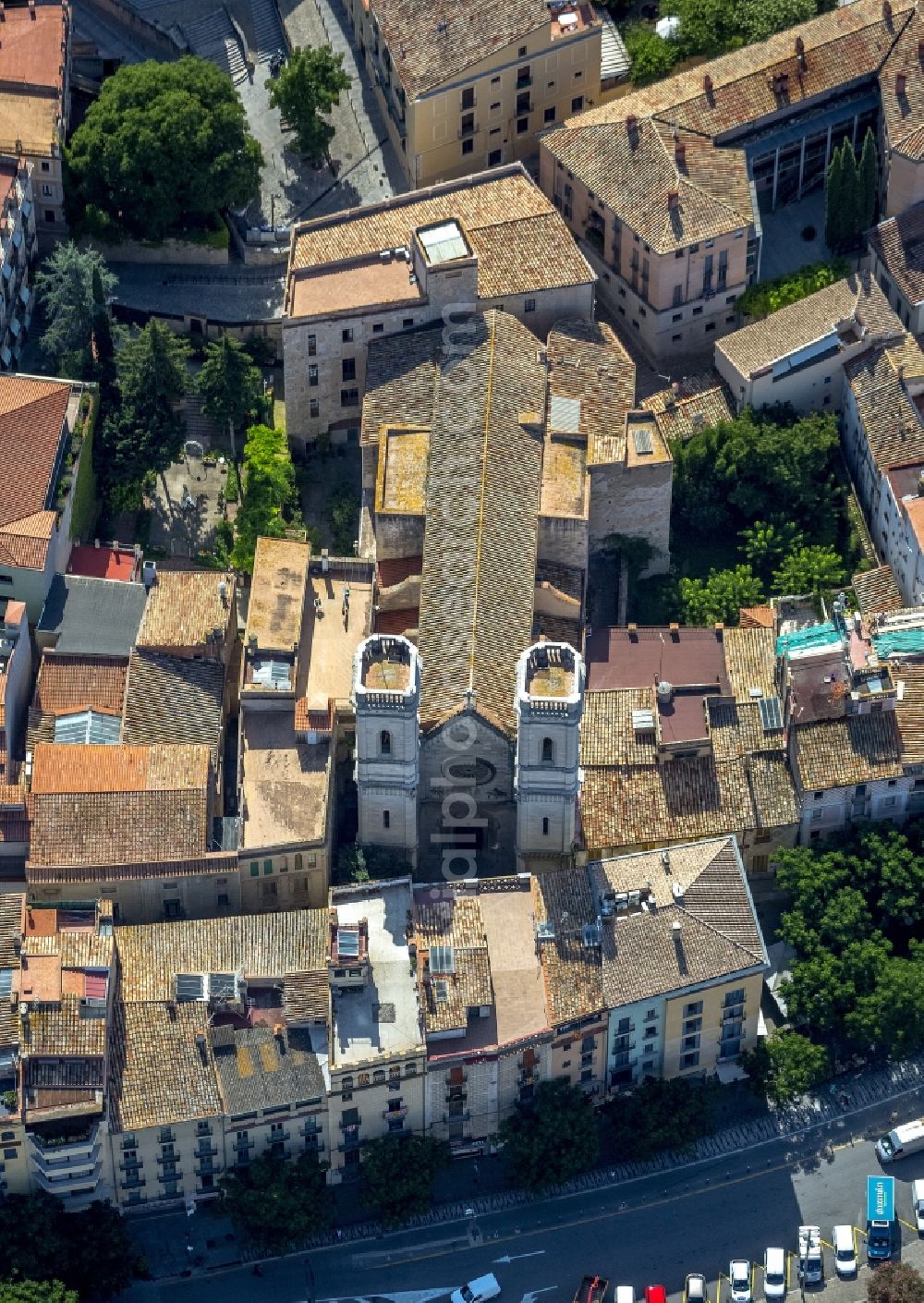 Girona from the bird's eye view: Church El Sagrat Cor in downtown Girona in Spain