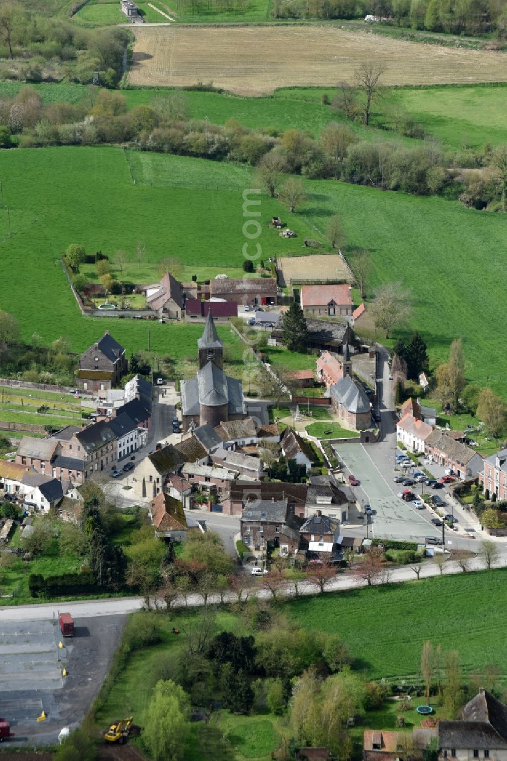 Moustier from above - Saint Martin Church in Moustier / Frasnes-lez-Anvaingin in Wallonie, Belgium