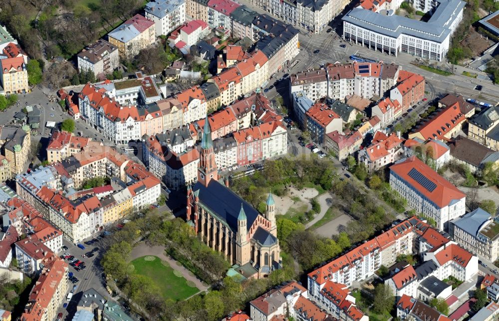 Aerial image München OT Haidhausen - View of the church Sankt Johann Baptist in Munich in the state Bavaria