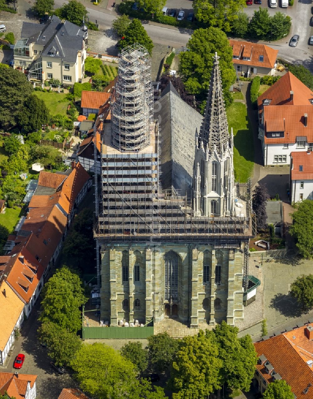 Soest from above - Church of Saint Mary of the meadow in the center of the old town in Soest in North Rhine-Westphalia