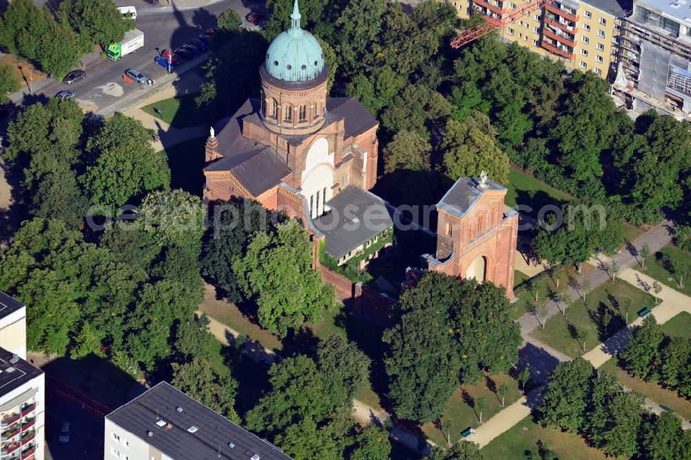 Aerial image Berlin - View to the St. Michael Church in the district Kureuzberg of Berlin. The church was built in 1851 and is one of the oldest catholic buildings of Berlin