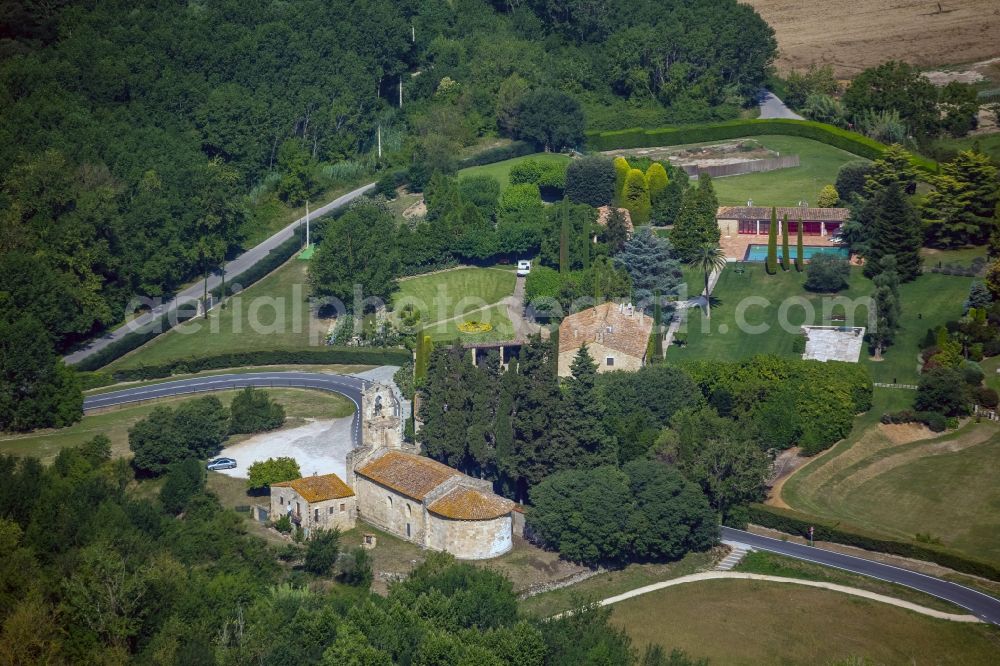 Aerial image Banyoles - View of the church Santa Maria de Proqueres in Banyoles in the Province of Girona in Spain