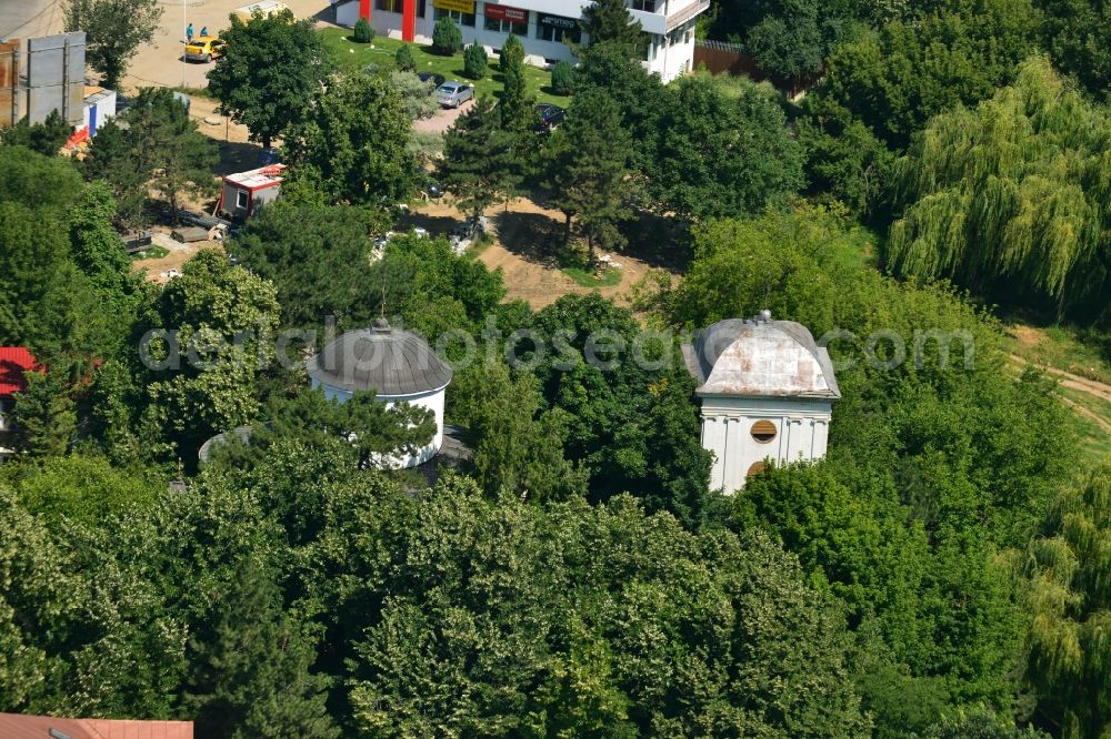 Aerial image Bukarest - Church on the banks of Lacul Tei in the city center of the capital, Bucharest, Romania