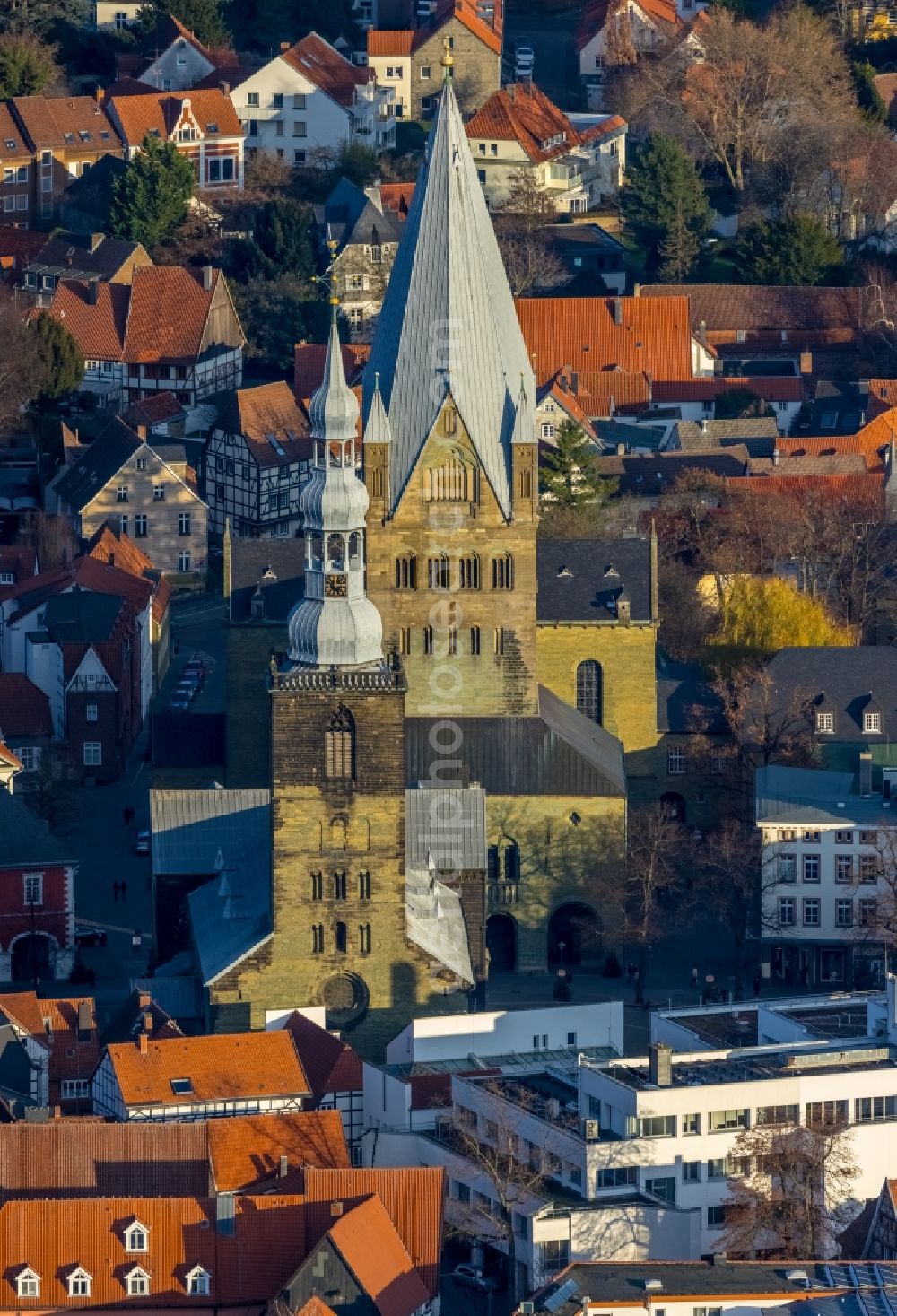 Soest from above - Churches and St. Patrokli Cathedral in the city center in Soest in the state North Rhine-Westphalia, Germany