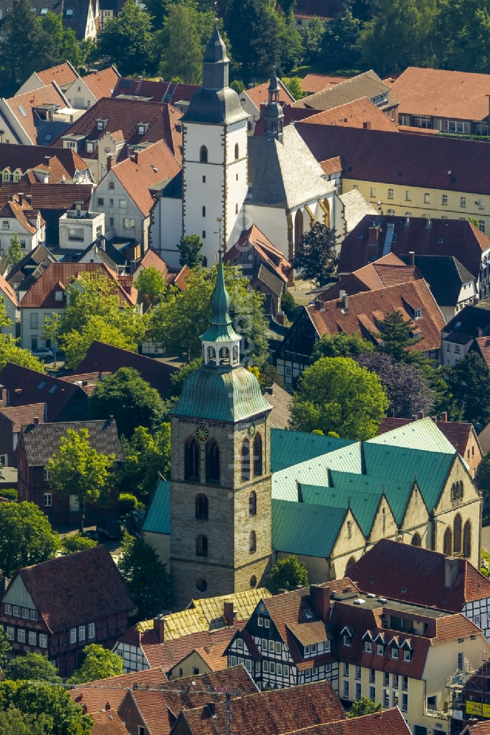 Aerial image Rheda-Wiedenbrück - The Saint Aegidius church and the Saint Marien church in the city centre of Rheda-Wiedenbrueck in the state North Rhine-Westphalia.The Saint Aegidius church is located at Kirchplatz and the Saint Marien church in the Birnstrasse