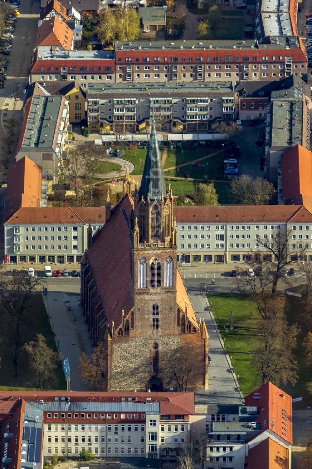 Aerial image Neubrandenburg - Church's concert hall in the center of Neubrandenburg in Mecklenburg - Western Pomerania