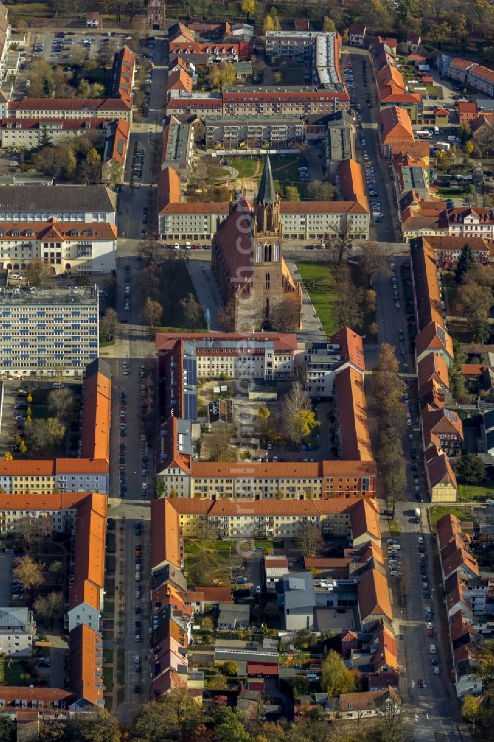 Neubrandenburg from above - Church's concert hall in the center of Neubrandenburg in Mecklenburg - Western Pomerania