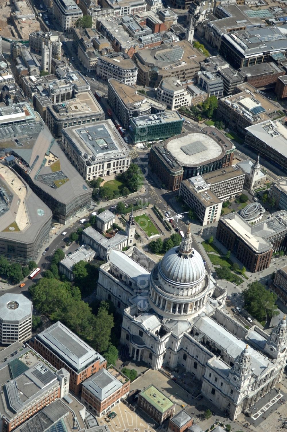 Aerial image London - View of the St Paul's Cathedral in the city borough of City of London. The world-famous church building is the headquarters of the London diocese of the Anglican Church. The St. Paul's Cathedral is one of the largest cathedrals in the world, it is also regarded as the most famous church in the British capital