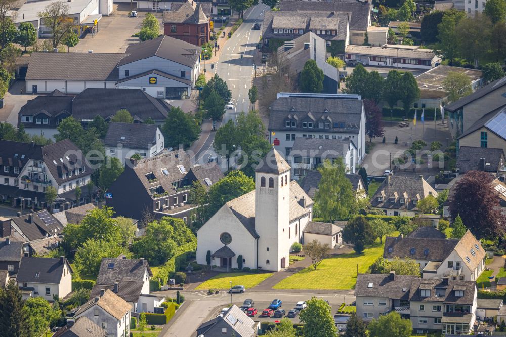 Aerial photograph Ramsbeck - Church building Christkoenig in the village of on street Antoniusstrasse in Ramsbeck at Sauerland in the state North Rhine-Westphalia, Germany