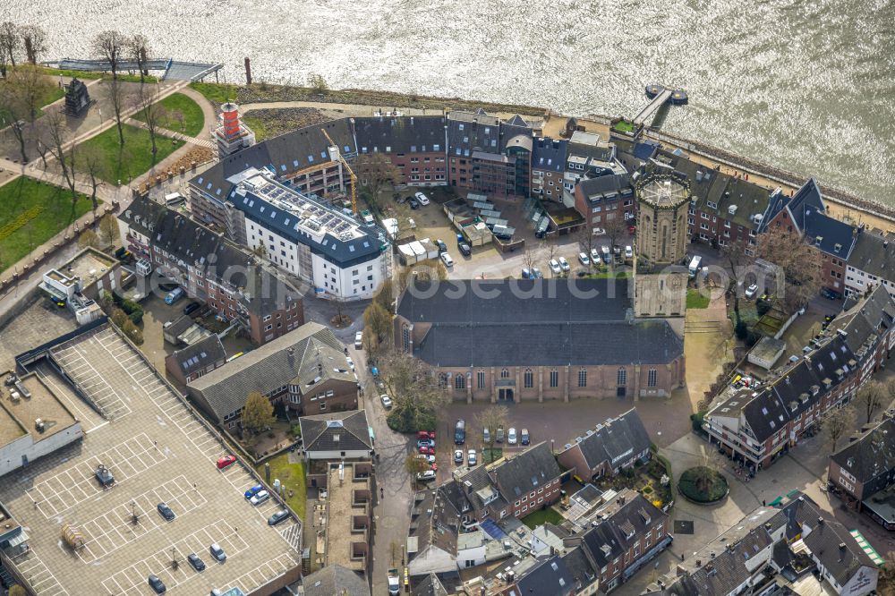 Emmerich am Rhein from above - Church building Aldegundis church on the Rhine promenade in Emmerich am Rhein in North Rhine-Westphalia