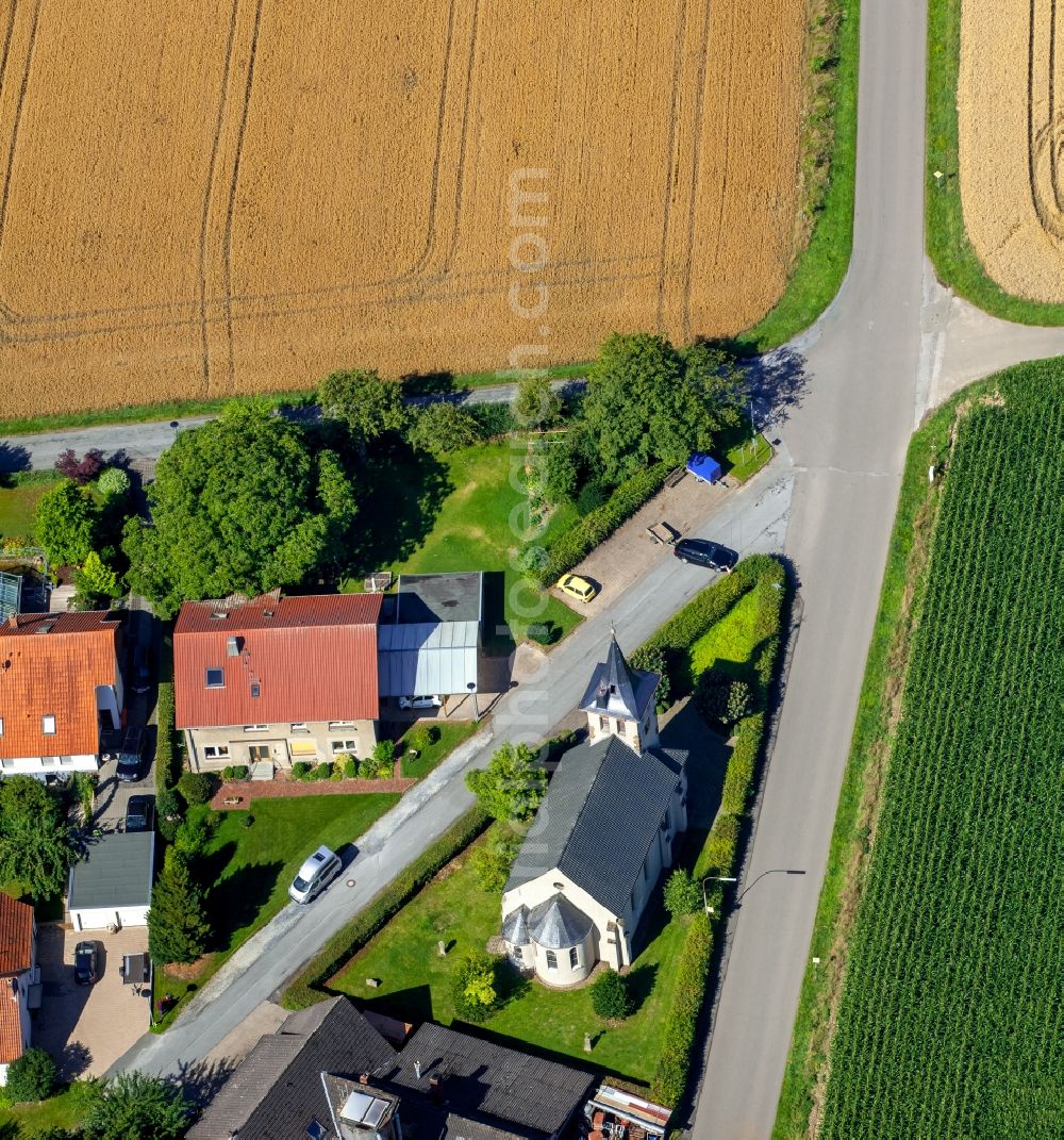 Rödinghausen from above - Church building of the old church in the street An der Kirche in Roedinghausen in the state North Rhine-Westphalia