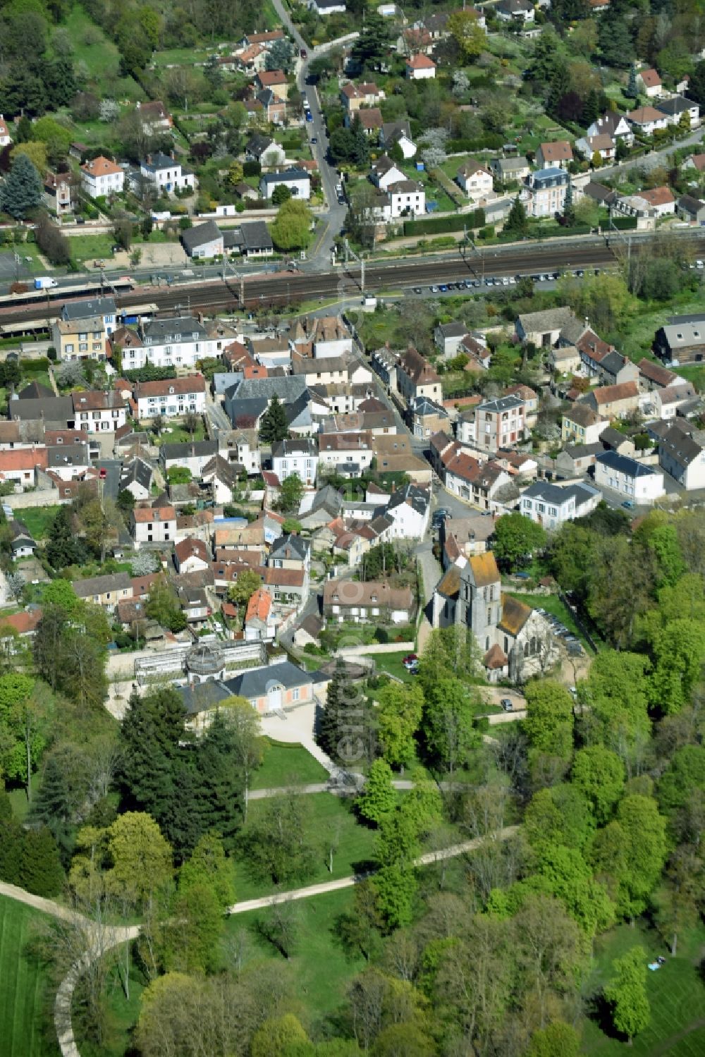 Aerial image Chamarande - Church building in Old Town- center of downtown in Chamarande in Ile-de-France, France