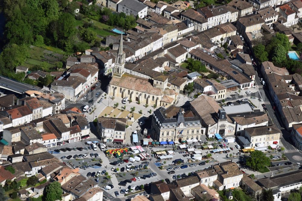 Coutras from above - Church building in Old Town- center of downtown in Coutras in Aquitaine Limousin Poitou-Charentes, France