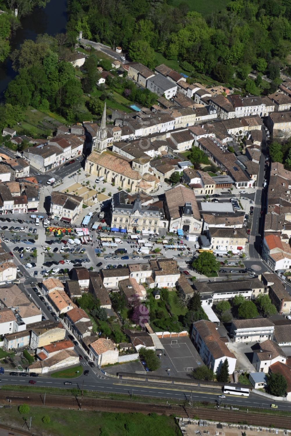 Coutras from above - Church building in Old Town- center of downtown in Coutras in Aquitaine Limousin Poitou-Charentes, France