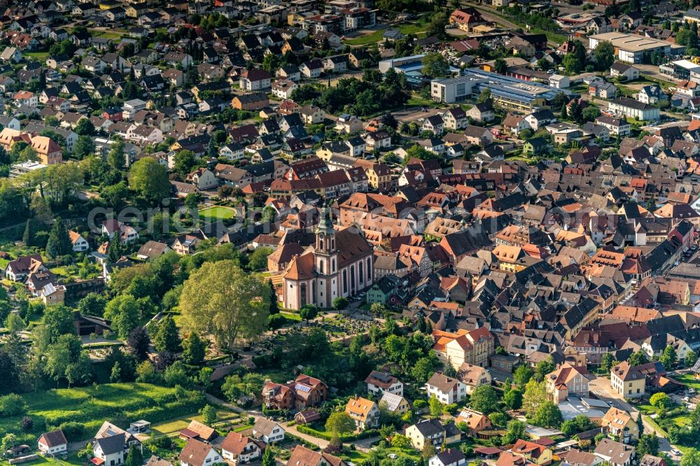 Ettenheim from above - Church building in Old Town- center of downtown in Ettenheim in the state Baden-Wurttemberg, Germany